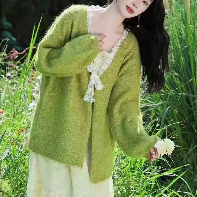 YS蕾丝蝴蝶结拼接宽松长袖毛衣女秋冬新款慵懒风甜美针织衫上衣|undefined