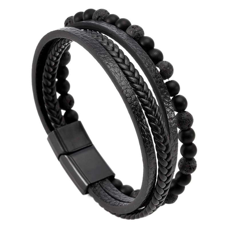 Venta caliente transfronteriza hebilla de aleación pulsera de cuero de los hombres en stock pulsera de piedra de ojo de tigre tejida a mano hebilla de imán pulsera de cuentas