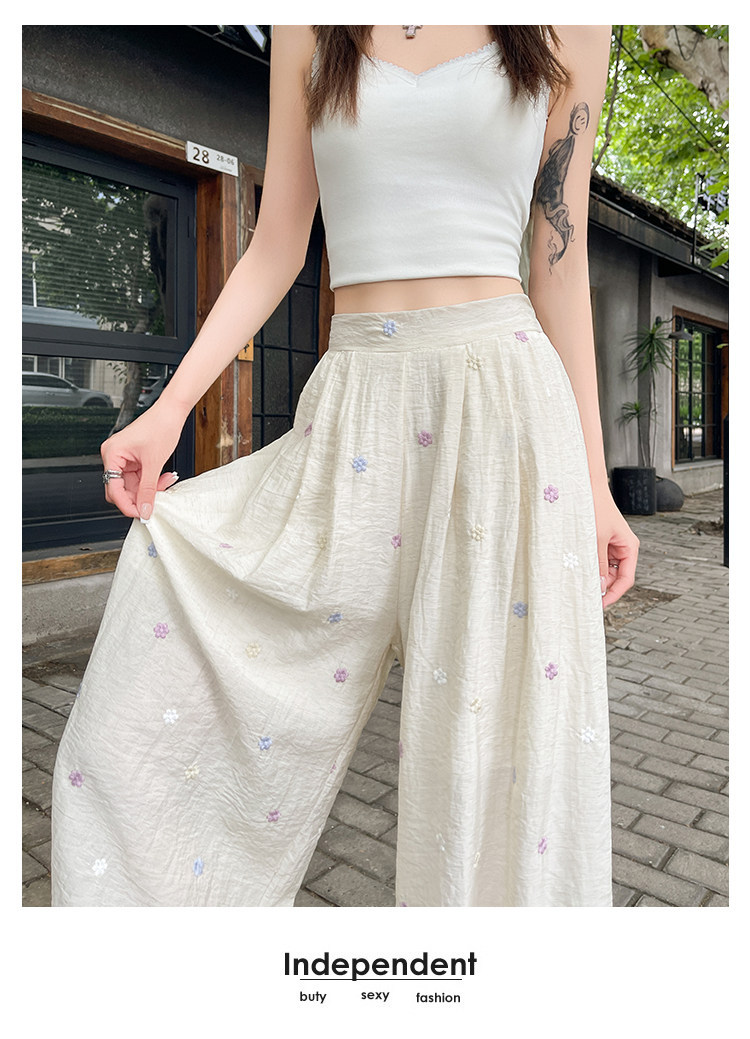 Quần culottes nữ ống rộng cạp cao vải linen phối sợi mát, dáng suông rủ nhẹ — Nhỏ màu hồng chi tiết 42