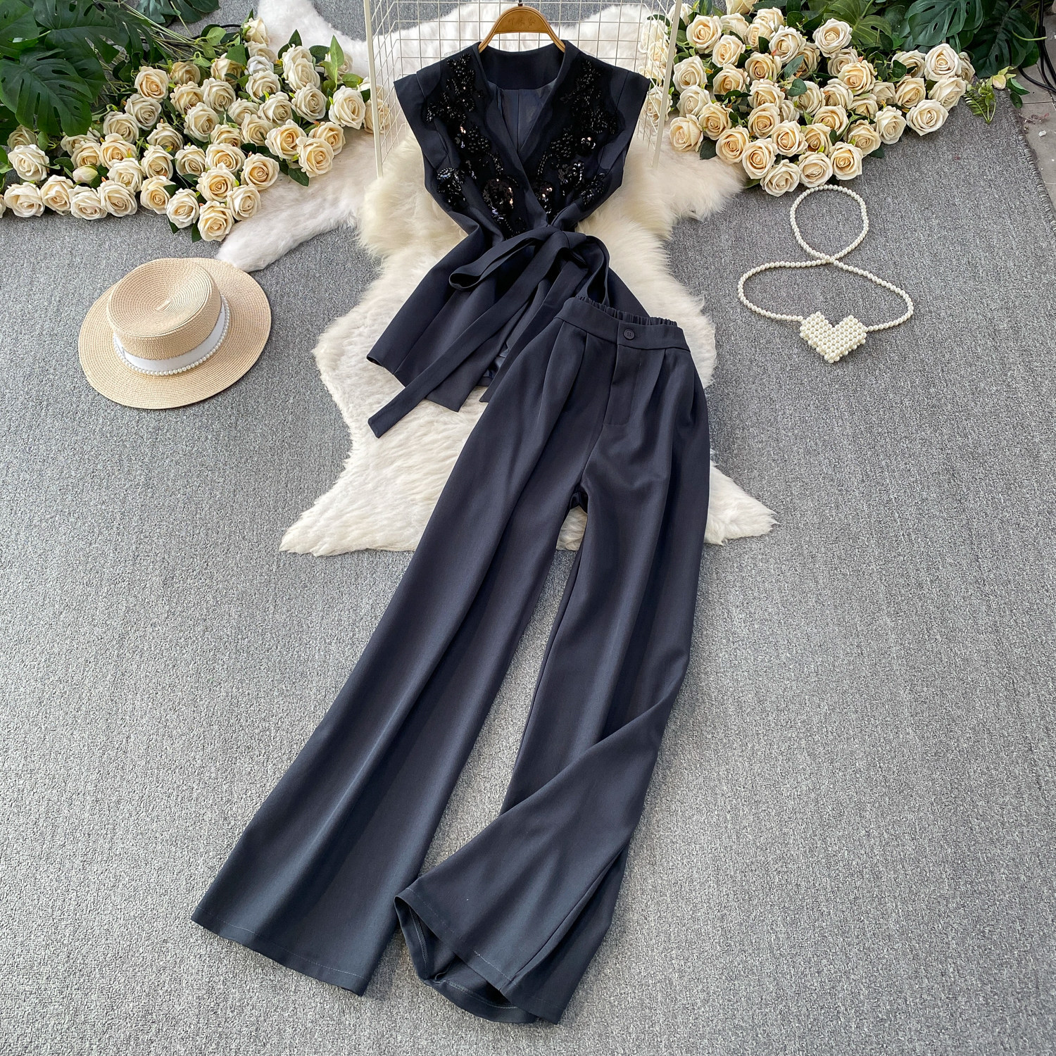 Elegant Embroidered Sequin V-Neck Waist-Defining Blazer & High-Waist Wide-Leg Trousers Two-Piece Set_ecoleips.com