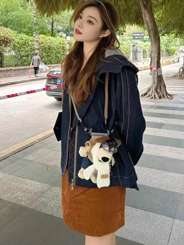 轻奢复古港风B/C钉珠银丝混纺工装连帽双拉链宽松休闲牛仔外套女|undefined