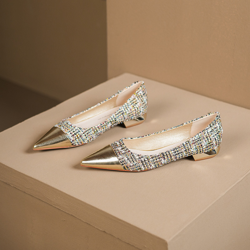 222-28 Tweed Style New Korean Style Shallow Low Heel Flats French Evening Style Women's Shoes