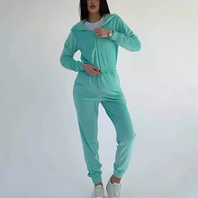 2024欧美亚马逊速卖通独立站女士休闲纯色天鹅绒连帽运动套装