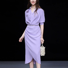 夏季女装2023新款气质浅紫色修身收腰显瘦衬衫连衣裙长裙包臀裙子