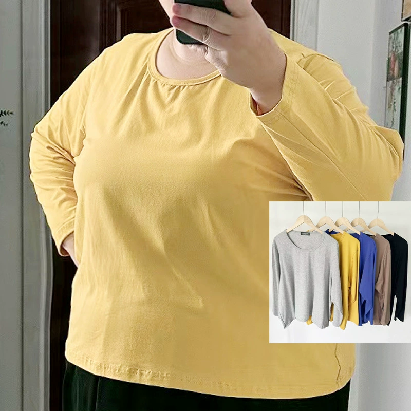 Женская рубашка больших размеров из хлопка 95 с длинным рукавом, толстая 200 кг 300 кг, толстая эластичная футболка с круглым вырезом, свободная футболка с длинным рукавом, осенняя одежда