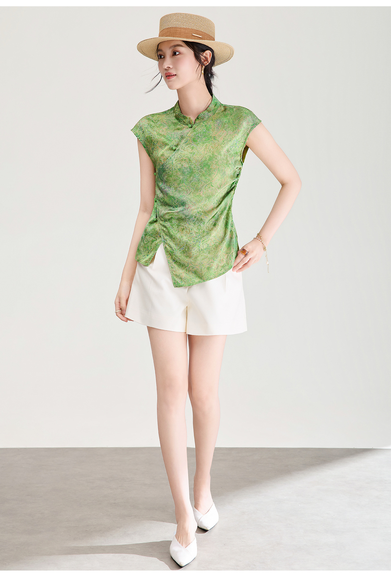 Áo vest không tay nữ kiểu Trung Quốc mới, chất lụa Jacquard nhuộm chìm, tà áo chéo, mặc mùa hè — màu xanh nhạt chi tiết 24