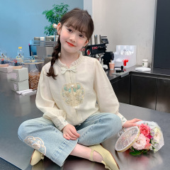 女の子用シャツ 2025 秋の新作子供用ファッショナブルな中国風シャツ、大きな子供用秋服、快適な長袖服
