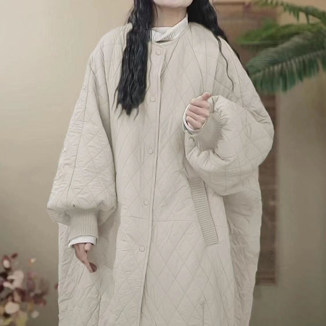 中长款风衣黑色羽绒棉服女冬季感棉衣2023新款小个子菱格外套