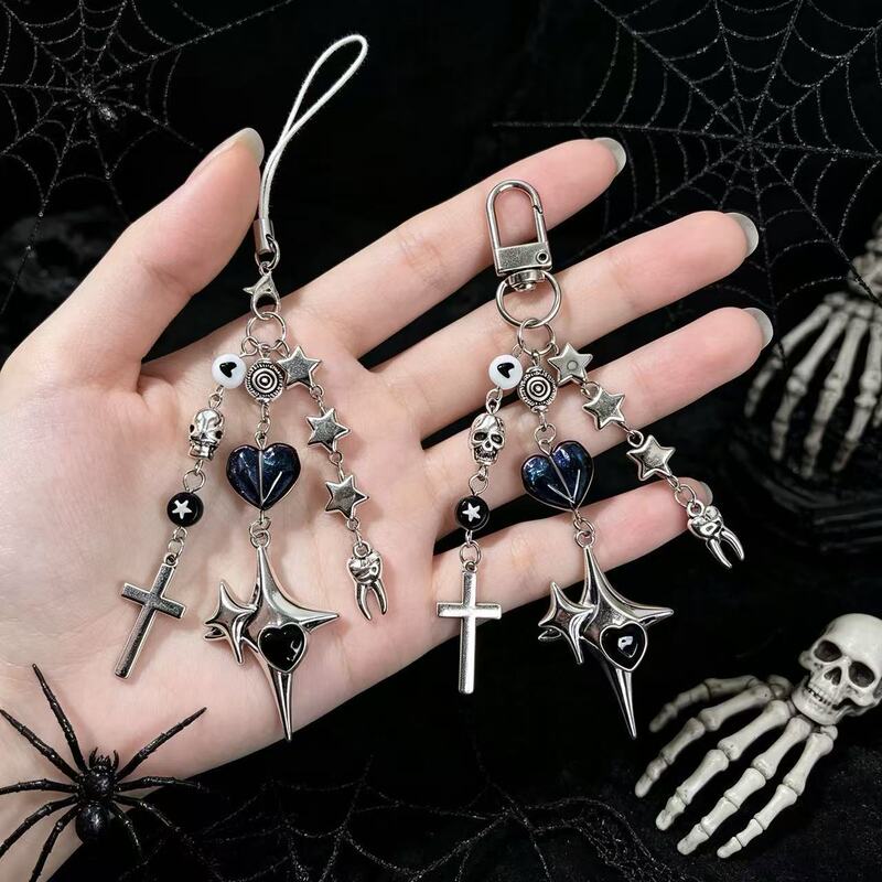 Gothic Style Cross Beaded Phone Chain Pendant, Vintage Dark Punk Style Keychain Bag Pendant Wholesale Gothic Style Cross Beaded Phone Chain Pendant, Vintage Dark Punk Style Keychain Bag Pendant Wholesale