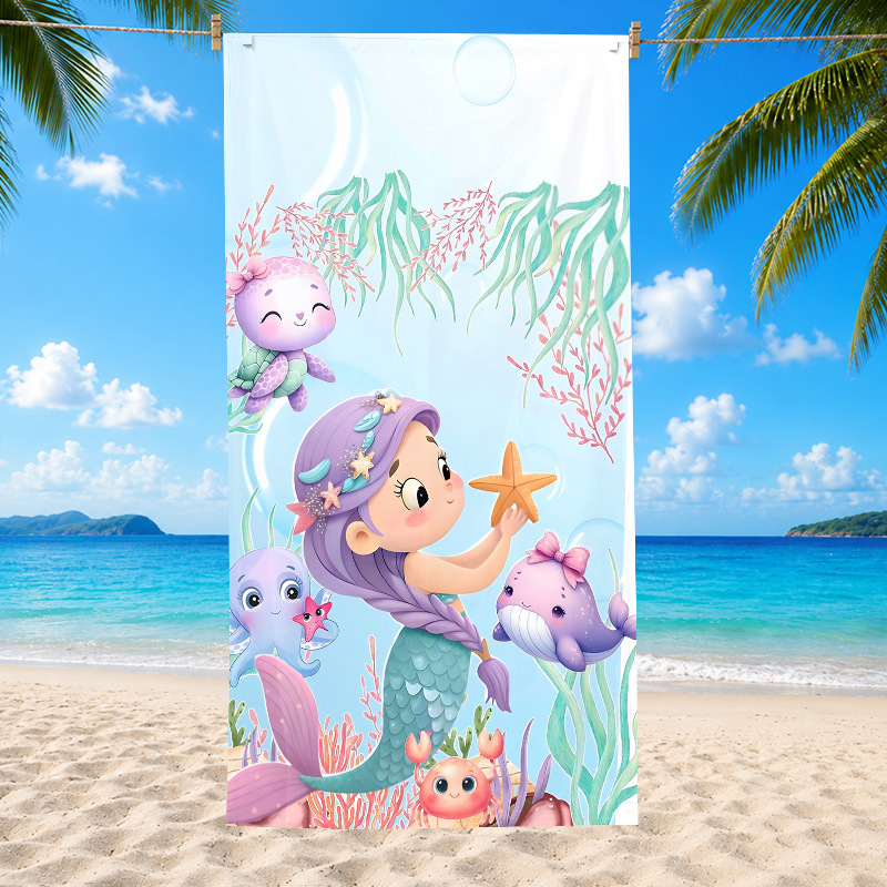 Temu Cross-Border Best-Selling Marine Life Cute Cartoon Mermaid Children's Bath Towel Microfiber Printed Beach Towel