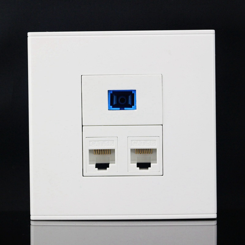 86型二位 双口网络光纤插座面板 2个电脑网线+SC光纤模块墙壁插座