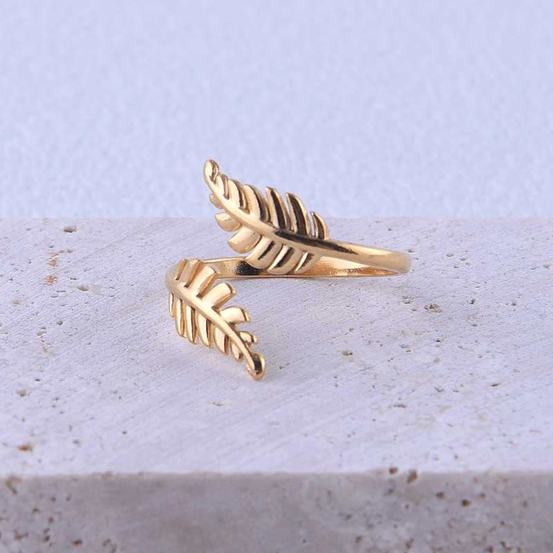 Open Ring Classification 7, 9 Ring Size 1 Piece Quantity PVD Coated Real Gold Plated Leaf Titanium Steel Simple Style Waterproof Non Tarnish Open Ring