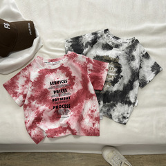 2024 Summer Children's Pure Cotton Short Sleeve T-Shirt Tie-Dye Ink Wash Style Cotton T for Boys and Girls Korean Style Stylish