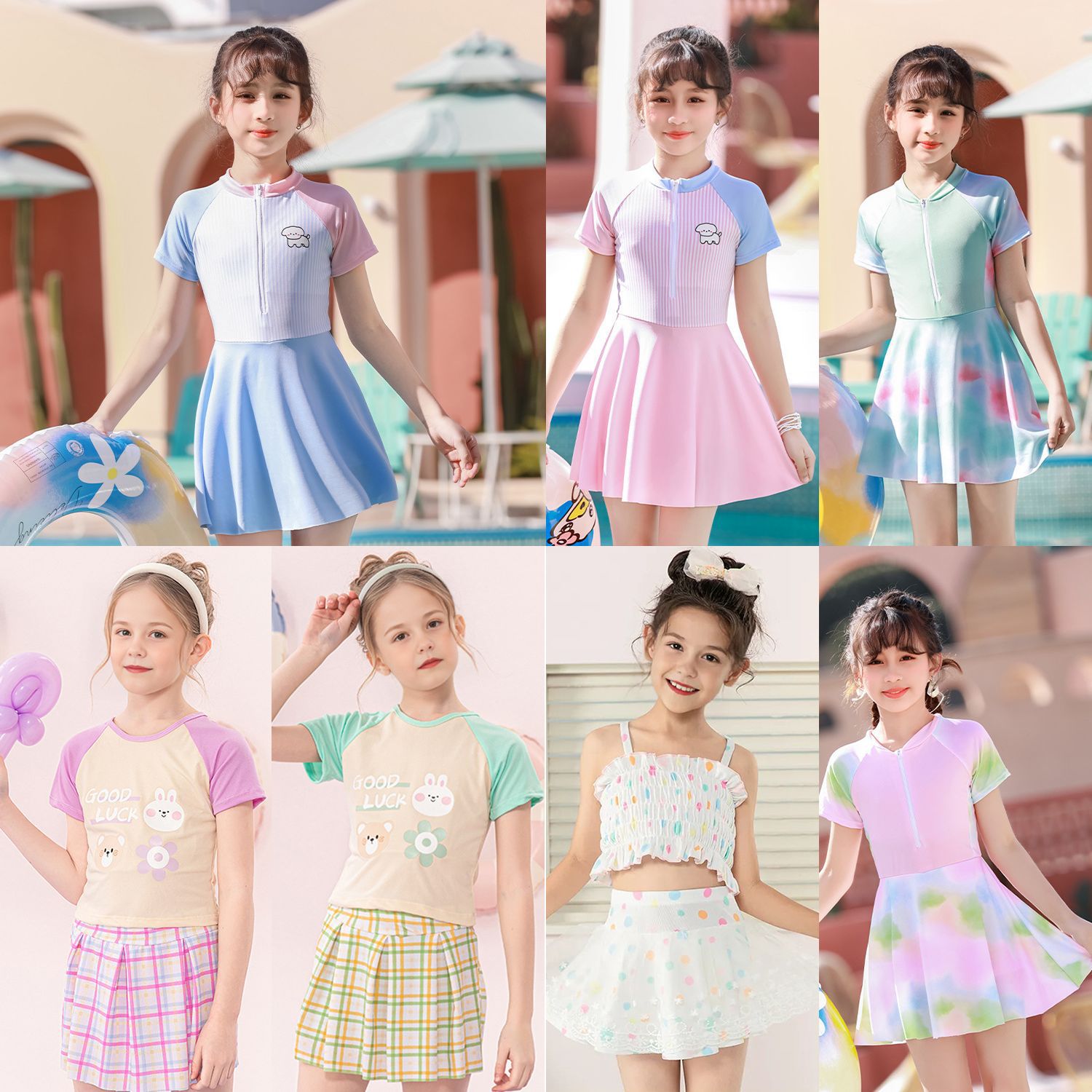 Traje de Baño de Una Pieza con Falda para Niñas de Fibra de Poliéster para Natación