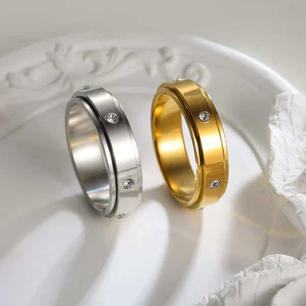 European and American Cross-Border Rotating Stress-Relief Stainless Steel Gold Luxury Six-Diamond Ring, Exquisite Trendy Micro-Inlaid High-End Ring