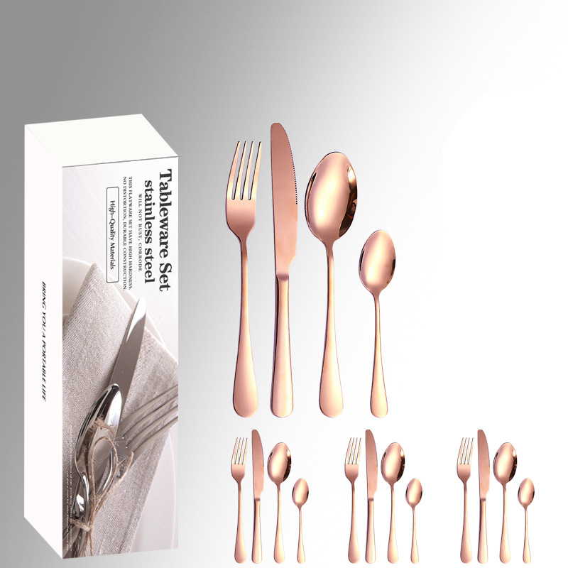 Amazon productos calientes de acero inoxidable vajilla 24 unidades traje 1010 cuatro piezas principales caja simple comida occidental cuchillo, tenedor y cuchara