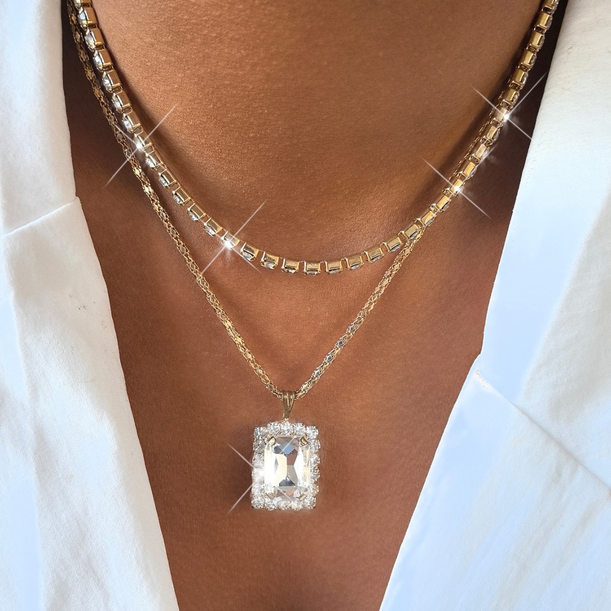 Rhinestones Inlay Material Double Layer Necklaces Classification Retro Rectangle Rhinestones Iron Tennis Chain Pendant Necklaces Wholesale