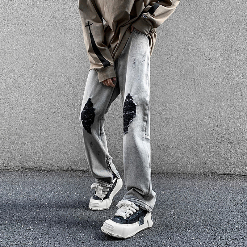 American-style Vibe Pants High Street Washed Grey Ripped Jeans Men's Design Sense Niche Zipper Split Pants