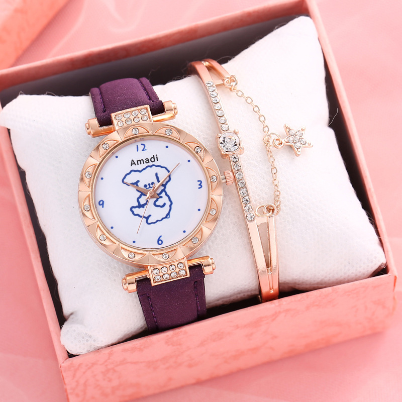 Orologio selezionato 2024 minimalista e carino piccolo orso, set di due pezzi di bracciali a stella per orologi da donna, pelle smerigliata per orologi al quarzo da donna_voghion.com