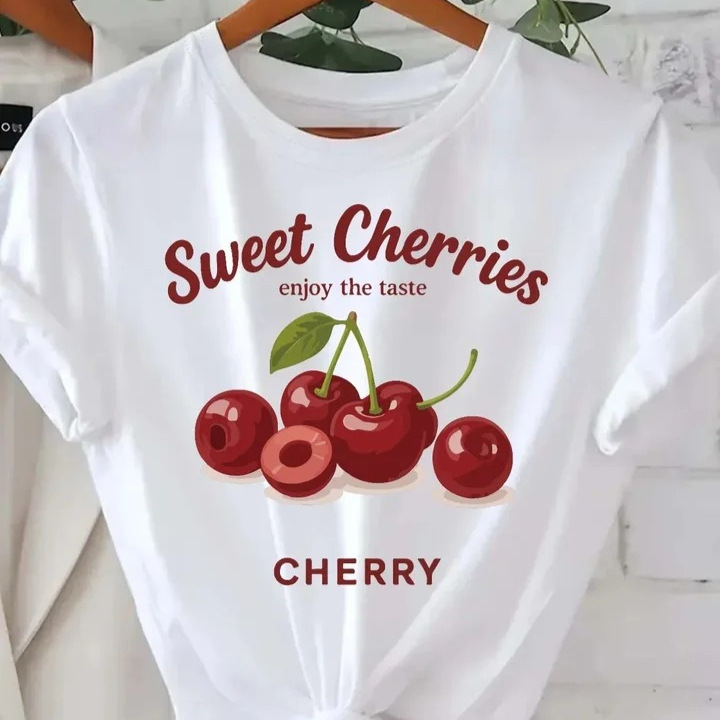 Women's Cherry Graphic T-Shirt - "Sweet Cherry Enjoyment Flavor" Print Casual Crew Fashion Aesthetic Clothing