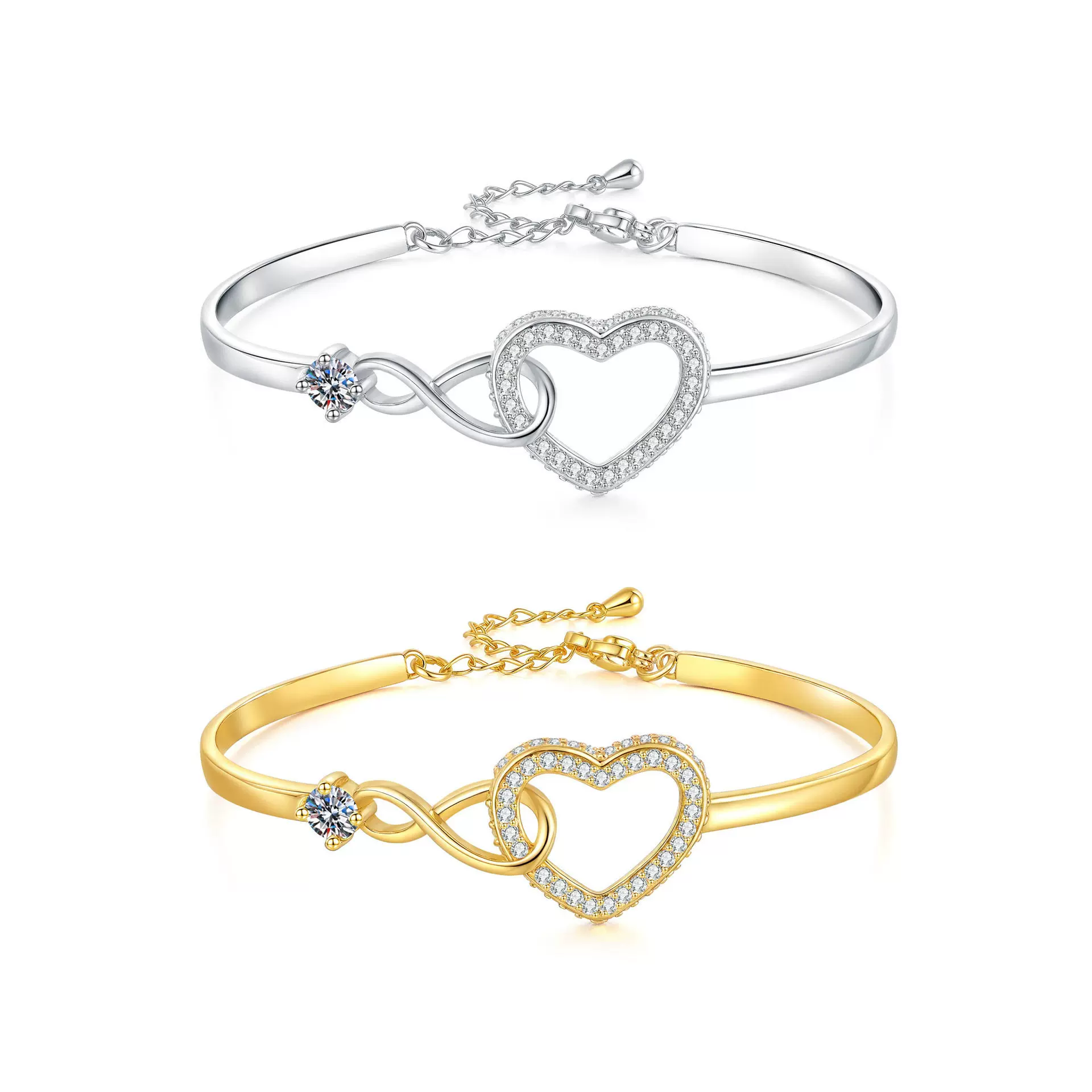 跨境亚马逊热卖镂空锆石爱心开口手镯轻奢小香风高级感情侣手饰女