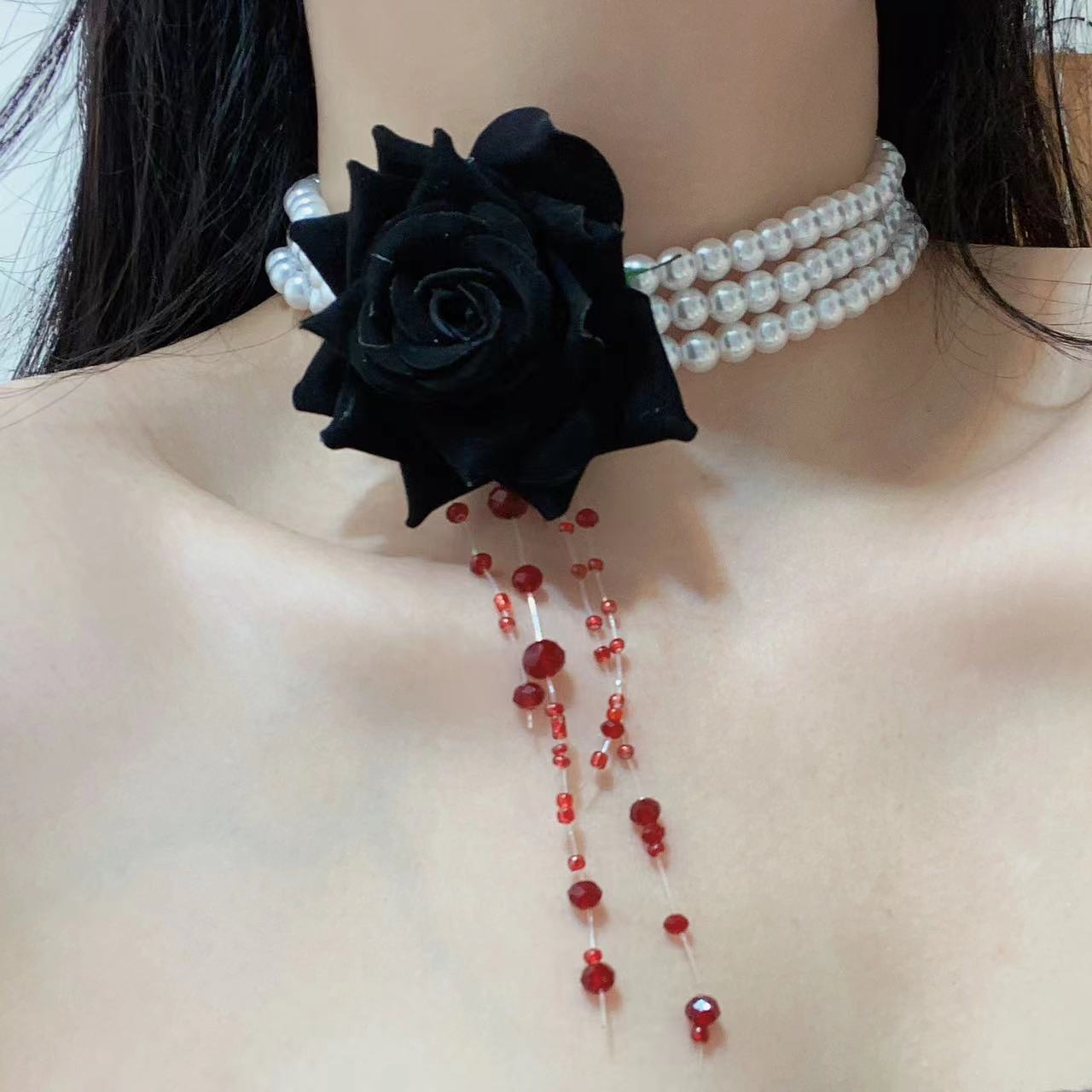 歐美跨境珍珠頸鏈多層萬聖節暗黑項鍊女串珠染血流蘇玫瑰花朵項圈