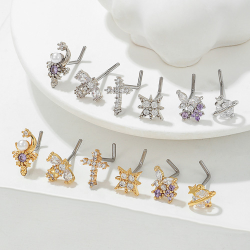 European and American fashionable pierced L-bar stainless steel nose nails for women, geometric micro-paved zircons, simple and exquisite nose ornaments wholesale