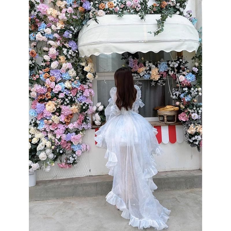 法式花嫁礼服蓝色lolita抹胸拖尾连衣裙洋装洛丽塔公主蓬蓬显瘦|undefined