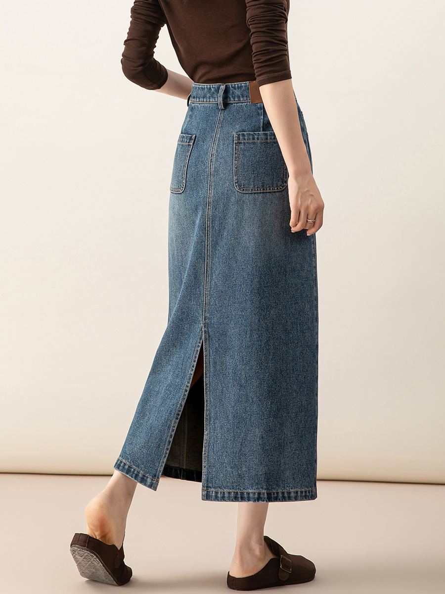 Chân váy denim Lyocell nữ cạp cao dáng A xẻ tà dài trung bình — màu xanh