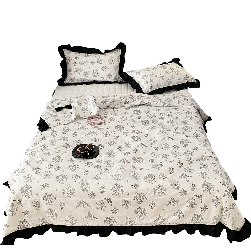 5ZV7批發黑白素描純棉夏被時髦黑花邊全棉大豆柔軟空調被子夏季薄