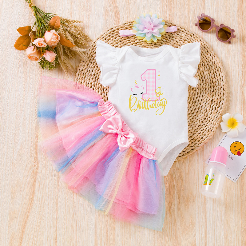 Girl's Suit Baby's Summer Clothing Baby's Flying Sleeve Birthday Suit Sleeveless Harper Rainbow Skirt Hair Accessories 3 Piece New