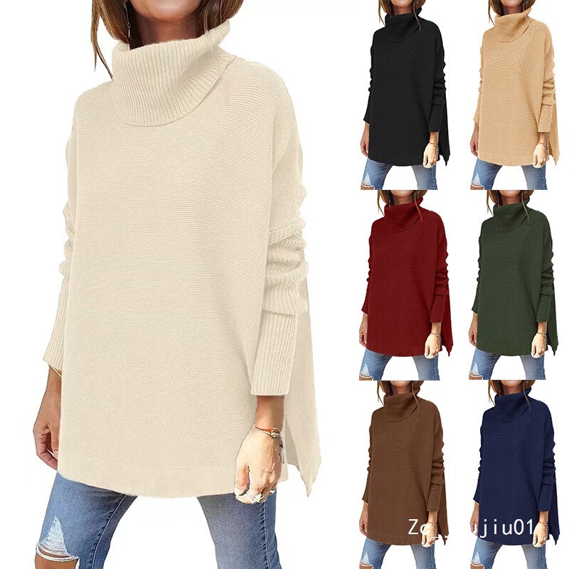 2024 Amazon Women's Turtleneck Sweater Mid-Length Batwing Sleeve Split Hem Waist Pullover Sweater