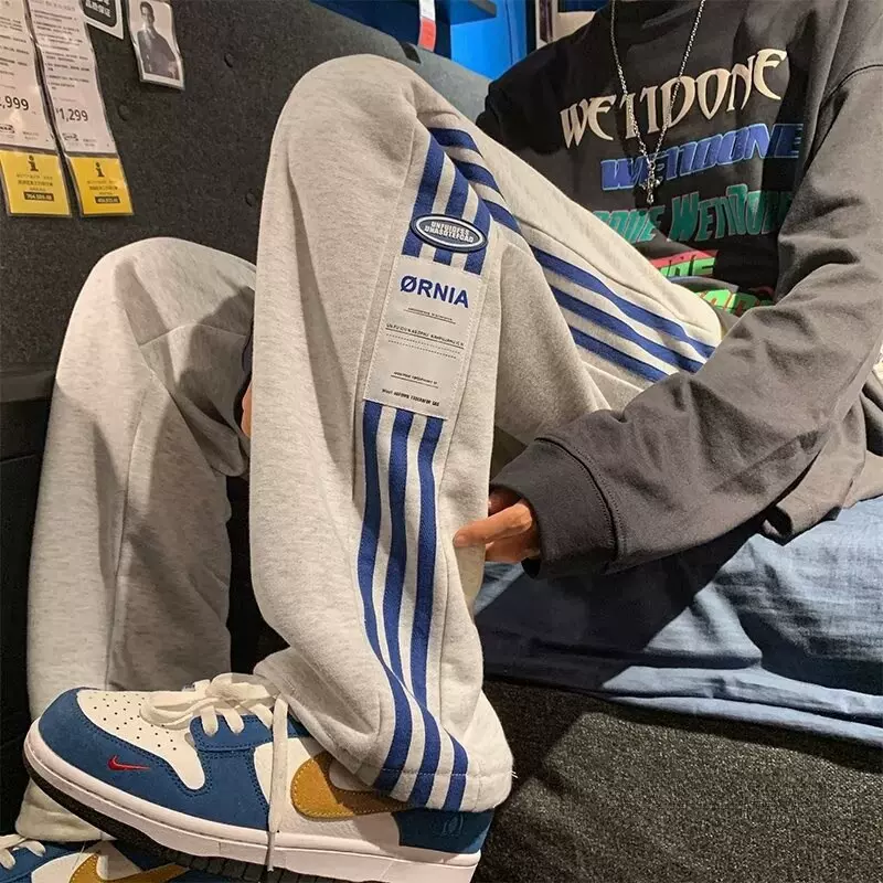 跨境美式高街潮流裤子男士夏季运动裤青少年宽松休闲长裤条纹卫裤