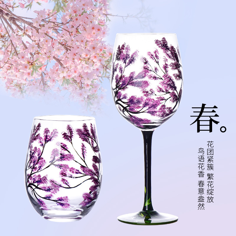 Copa de cristal de vidrio de flor pintada a mano Four Seasons copa de vino tinto taza de huevo fresco traje de copa de vino tinto