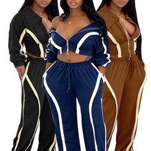 HR25039 欧美时尚女装条纹拼接撞色拉链翻领上衣阔腿长裤两件套装