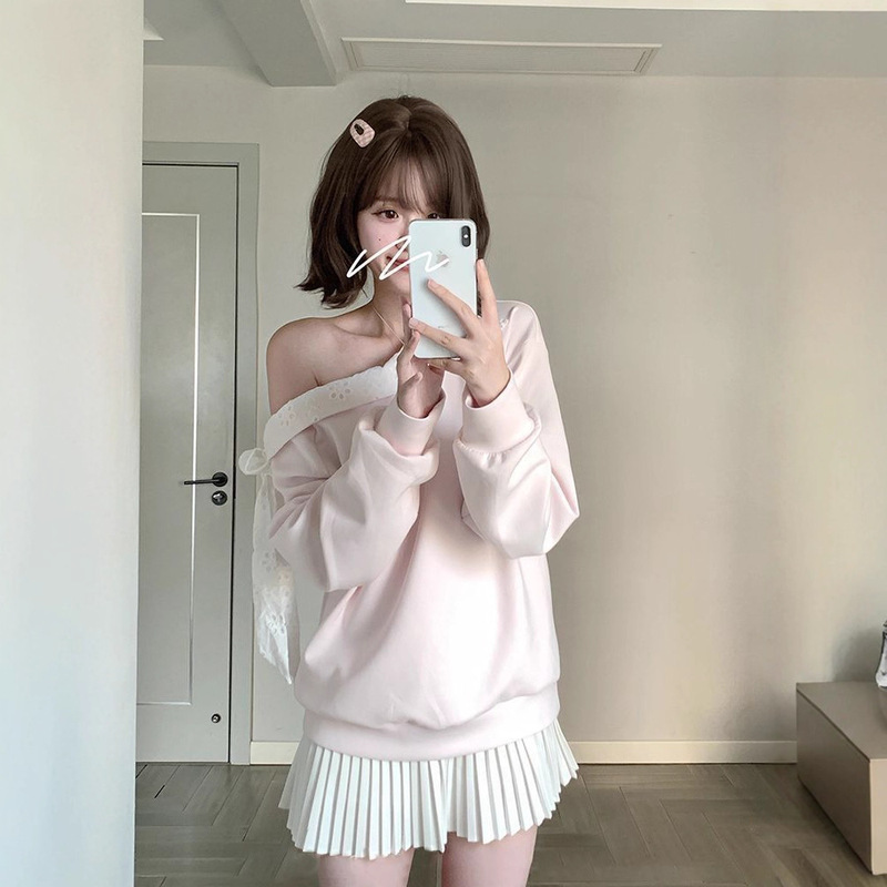 Sweetheart Cone Girl~Korean Pink Lace Bow Stitching Slanted Shoulder Long-Sleeved Loose Autumn and Winter Sweatshirt for Women Sweetheart Cone Girl~Korean Pink Lace Bow Stitching Slanted Shoulder Long-Sleeved Loose Autumn and Winter Sweatshirt for Women