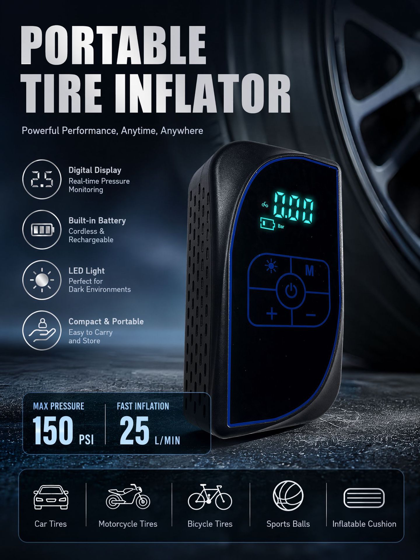 Cross-Border Supply of Car Tire Air Pumps, Quick Inflation Wireless Smart Touch Screen Car Air Pump