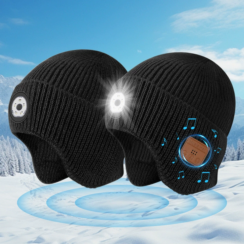 Bluetooth beanie hat with LED light and built‑in headphones, warm knit, lightweight