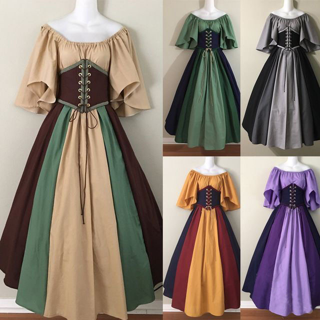 Medieval Retro Contrasting Color Slim Skirt with Flying Sleeves and Large Hem Skirt One-Shoulder Dress for Women Cos Halloween Costumes