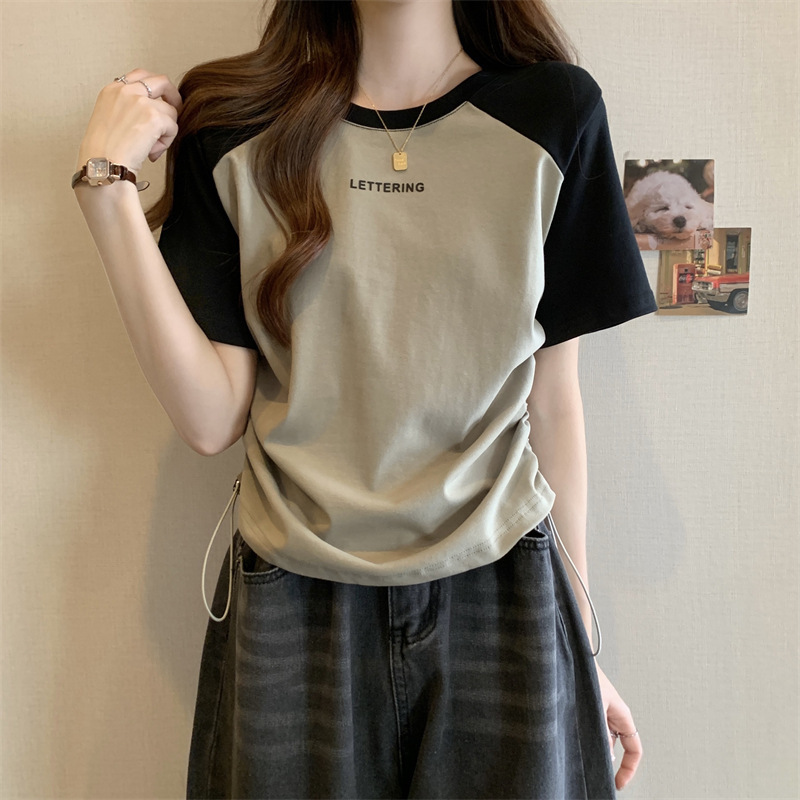 Short-Sleeved T-Shirt for Women, Summer Printed Letter Bottoming Shirt, Large Size Slimming Look Casual Right Shoulder Contrast Drawstring Top for Outer Wear Short-Sleeved T-Shirt for Women, Summer Printed Letter Bottoming Shirt, Large Size Slimming Look Casual Right Shoulder Contrast Drawstring Top for Outer Wear