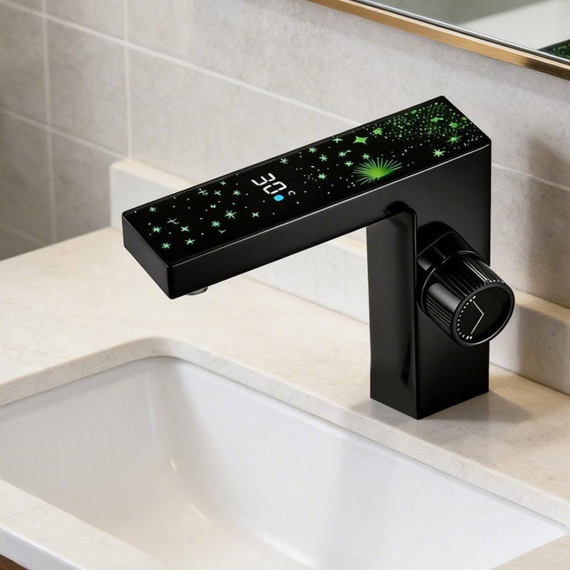 Smart Digital Display Faucet Cross-Border Building Materials Bathroom Sink Hotel Basin Hot and Cold Led Ambient Light Faucet