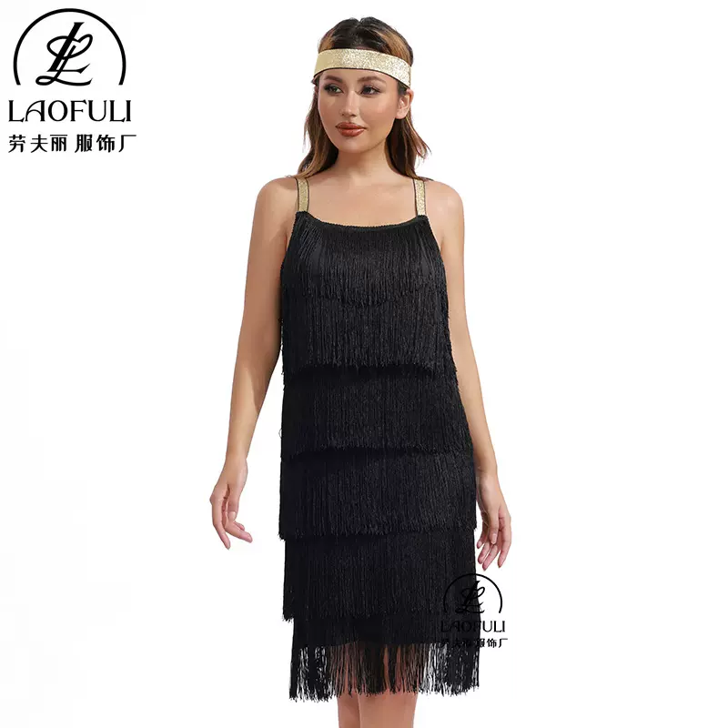 2022chic风拼接流苏无袖A字裙子连衣裙女3色5码亚马逊跨境现货