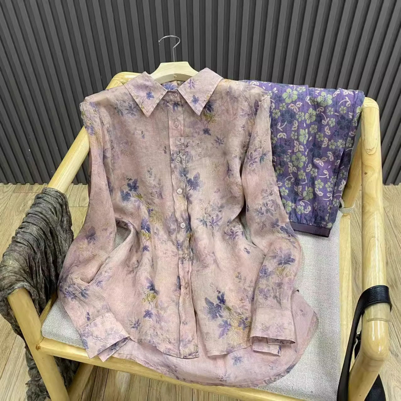 棉麻水墨印花长袖衬衫复古文艺宽松百搭国风上衣女
