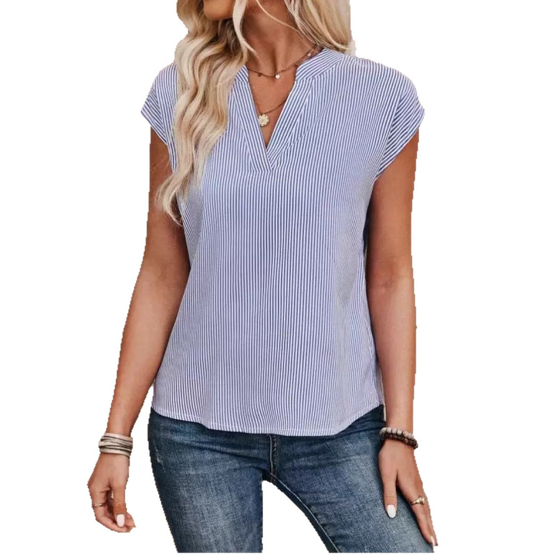 Customized 2025 European and American Cross-Border Women's New Sleeveless Shirt Striped Top with Free Shipping Versatile V-Neck Short Fashion Top