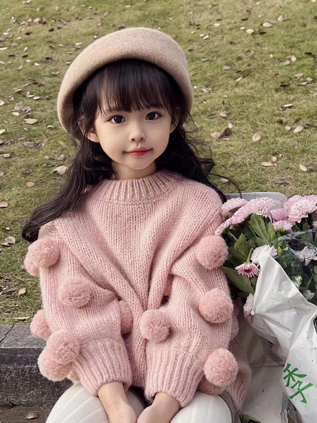 女童套头毛衣2023春秋新款韩版儿童洋气女宝宝粉色灯笼袖毛球毛衣