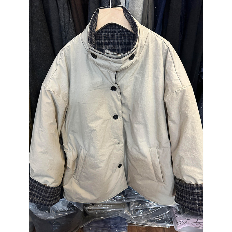 卡其色复古立领两面穿棉服女冬季冬装小个子保暖棉衣棉袄夹克外套