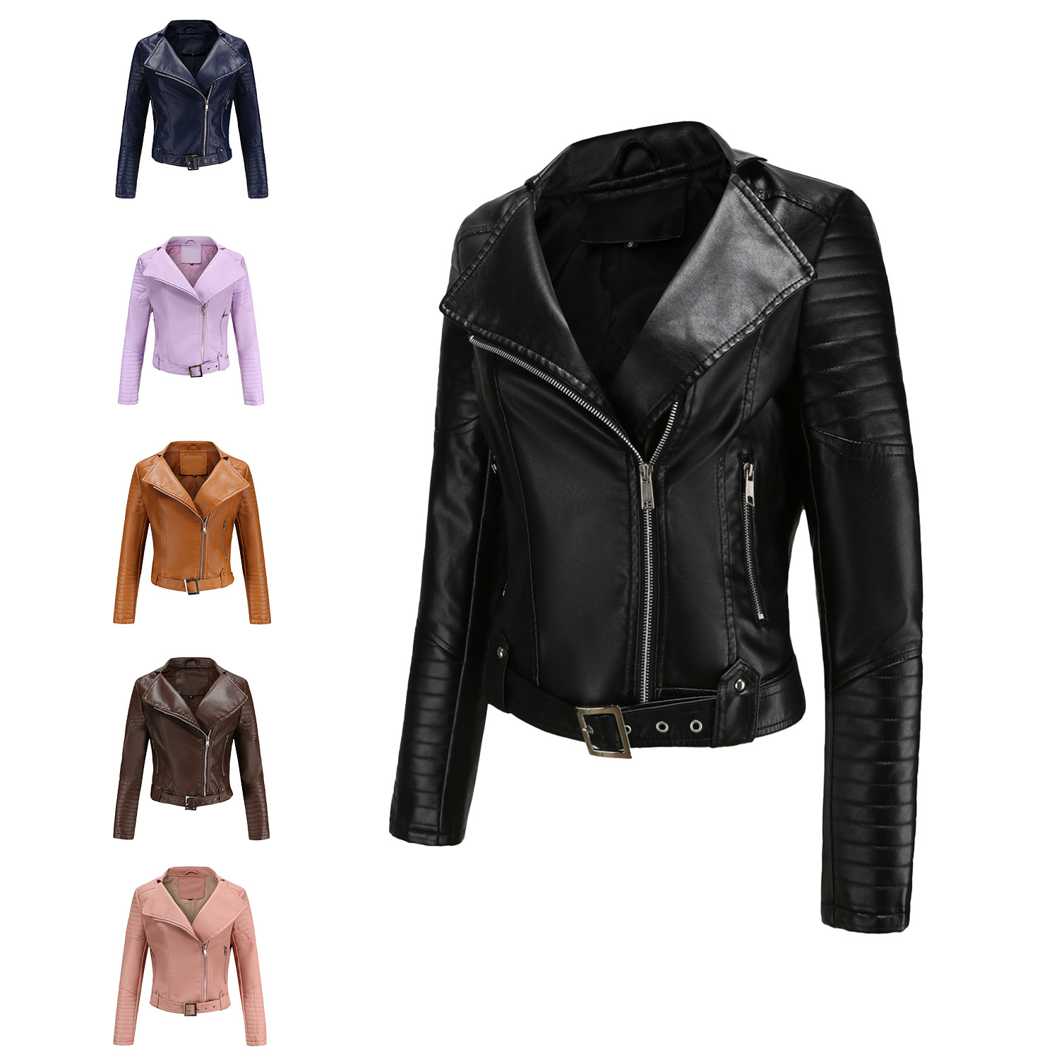 2022 Cross-Border European and American Women's Leather Jacket Long-Sleeved Zipper Lapel Belt Short Motorcycle Jacket Autumn and Winter Jacket for Women