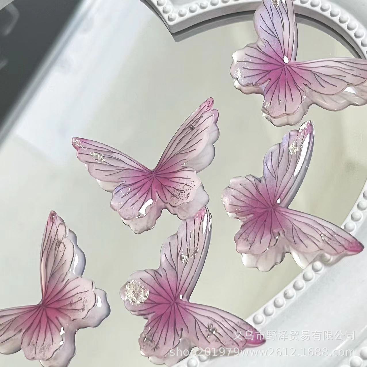 2023 new epoxy fine glitter powder three-dimensional pink thread butterfly large card 38mm high luxury diy design material wholesale