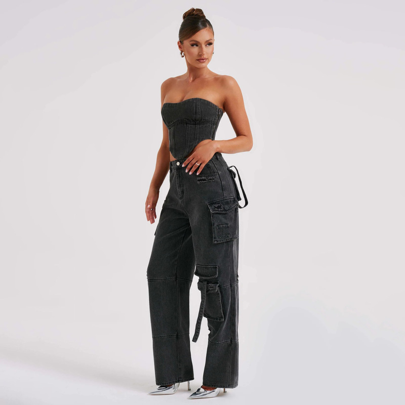 2024 New European and American Fashion Women's Clothing: Backless Tie-Up Tube Top Vest with Multiple Pockets and Solid Color Straight-Leg Denim Pants for Women