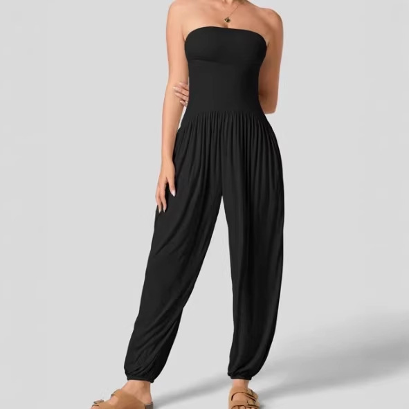 Cross-border Amazon independent station summer popular women's sleeveless tube top waist pocket pleated jumpsuit